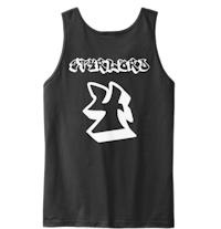 a black tank top with a white logo on it